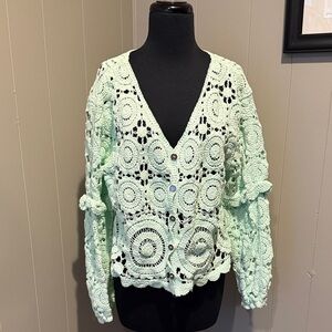 B26 POL Women One Mint Crochet Cardigan Button Up Casual